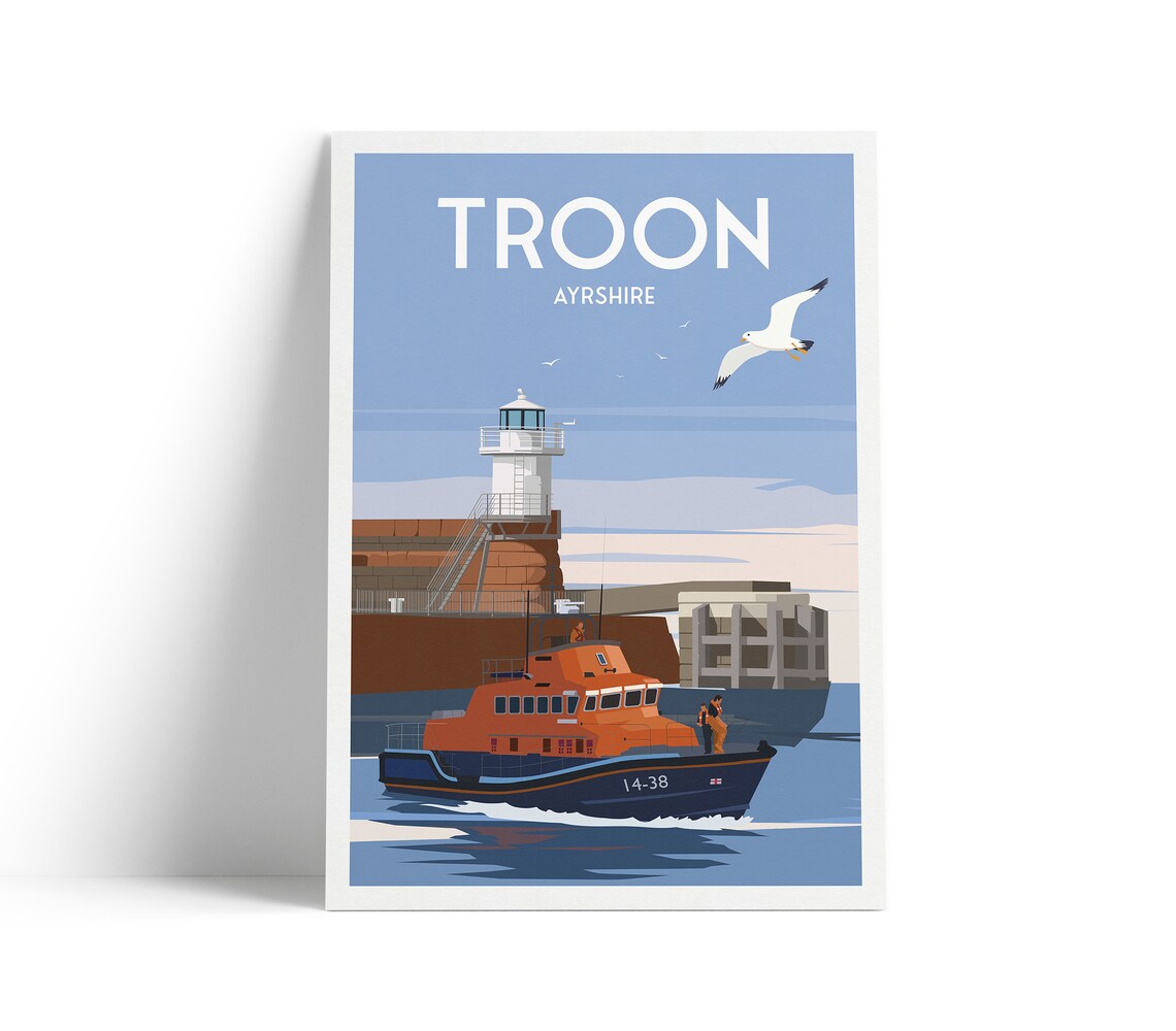 Troon Print Scotland Travel Poster, Ayrshire Lighthouse