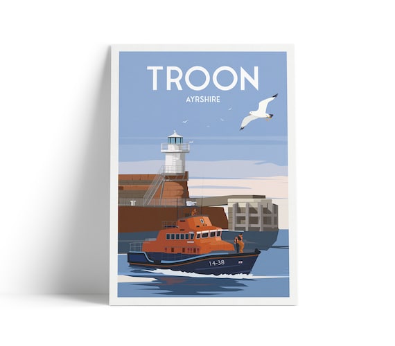 Troon Print Scotland Travel Poster, Ayrshire Lighthouse