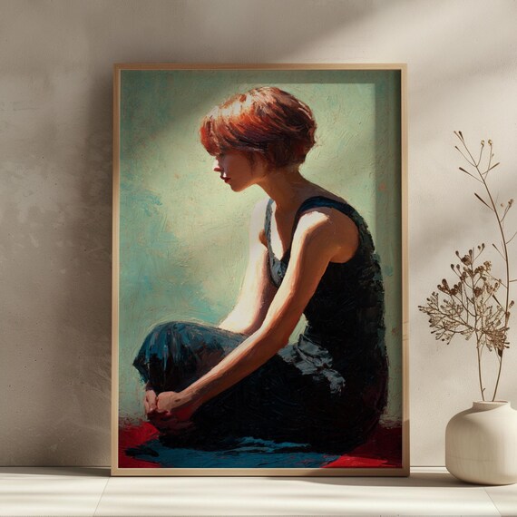 Modern Portrait Wall Art Print Oil Painting Style Woman In Black Dress Contemporary Figurative Poster