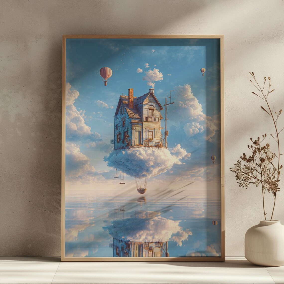 Floating House on Cloud With Hot Air Balloons Surreal Art Poster