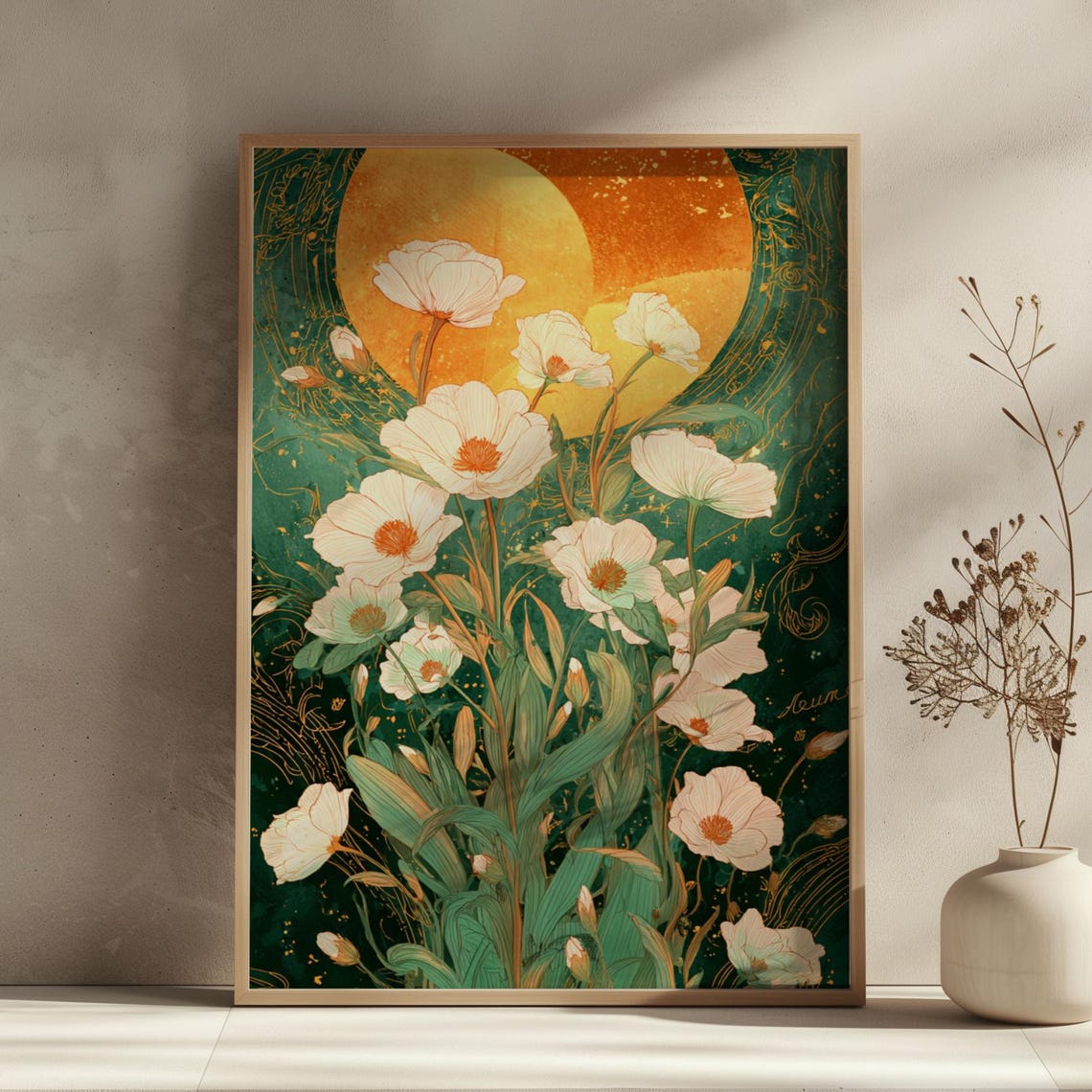 White Blossoms Under a Golden Sun on Emerald Botanical Art Poster