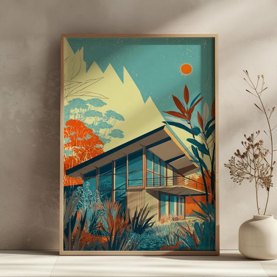 Mid Century Modern House Wall Art Retro Architecture Print Minimalist Landscape Poster Geometric Sun Decor