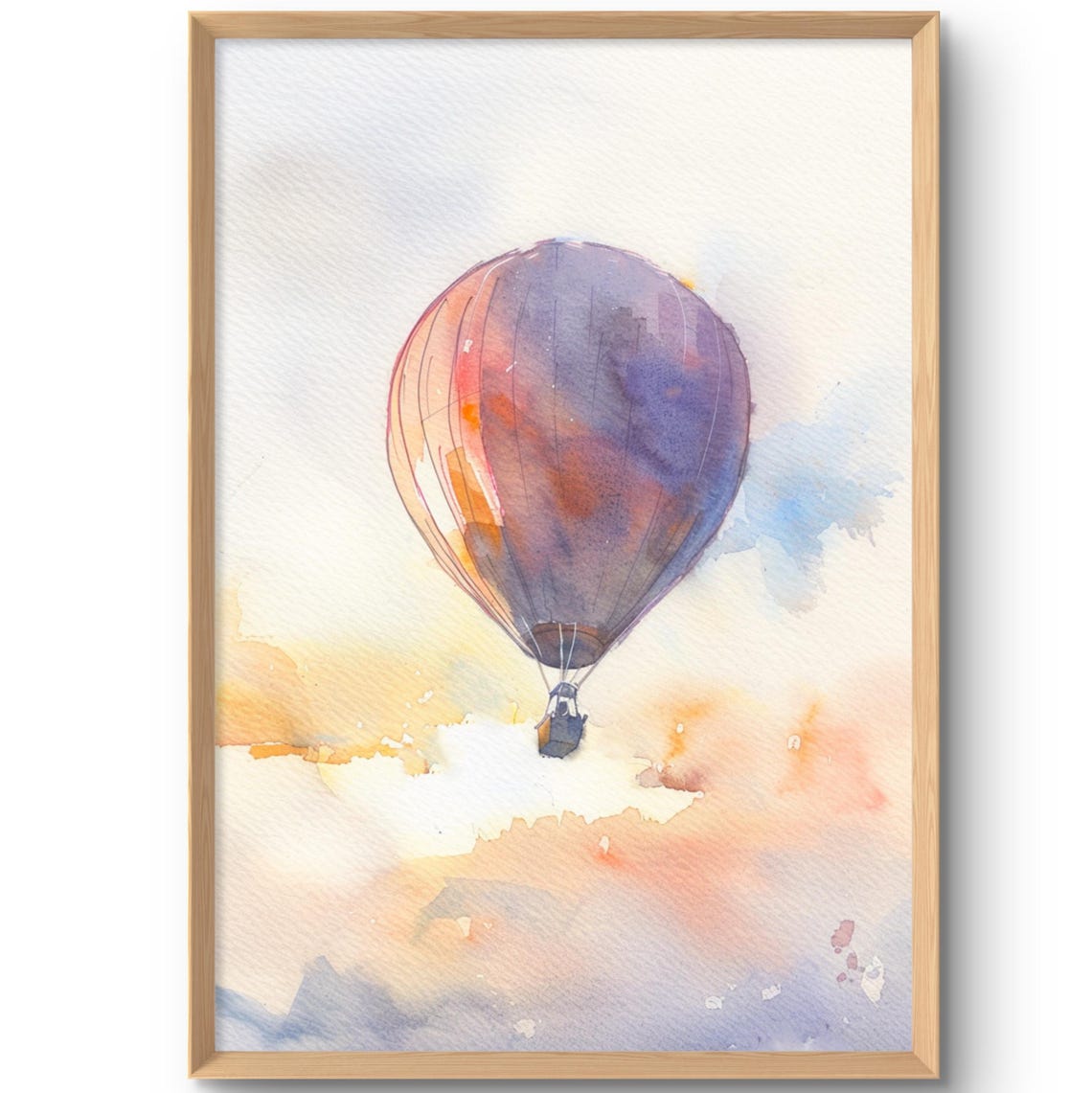 Pastel Hot Air Balloon Drifting Over Clouds Watercolor Poster