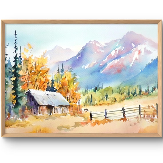 Colorado Rocky Mountains Fall Barn Watercolor Autumn Landscape Art Poster