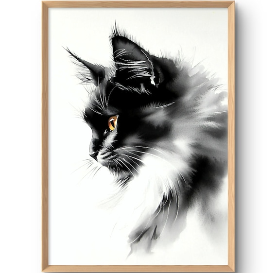Black Cat Amber Eye Watercolor Portrait Pet Lovers Art Poster