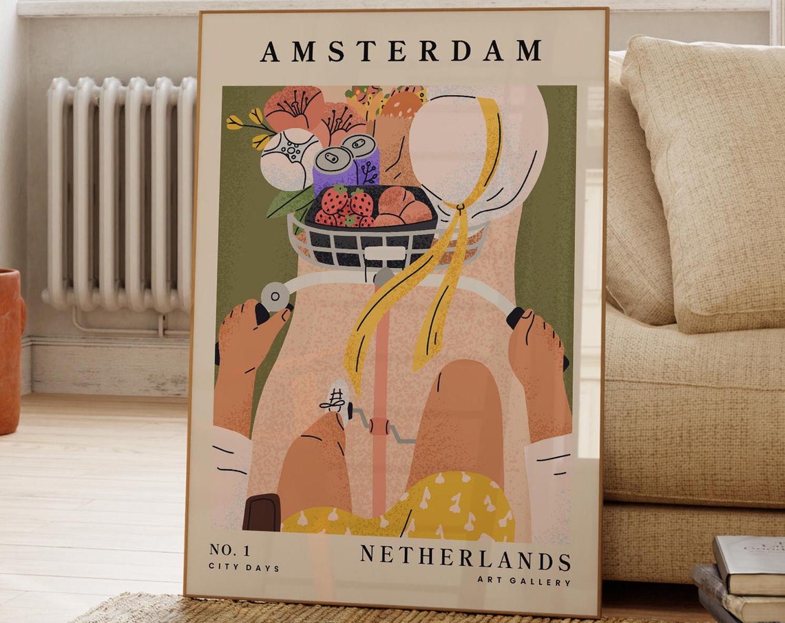 Amsterdam Netherlands Bicycle Basket Summer Illustration Poster