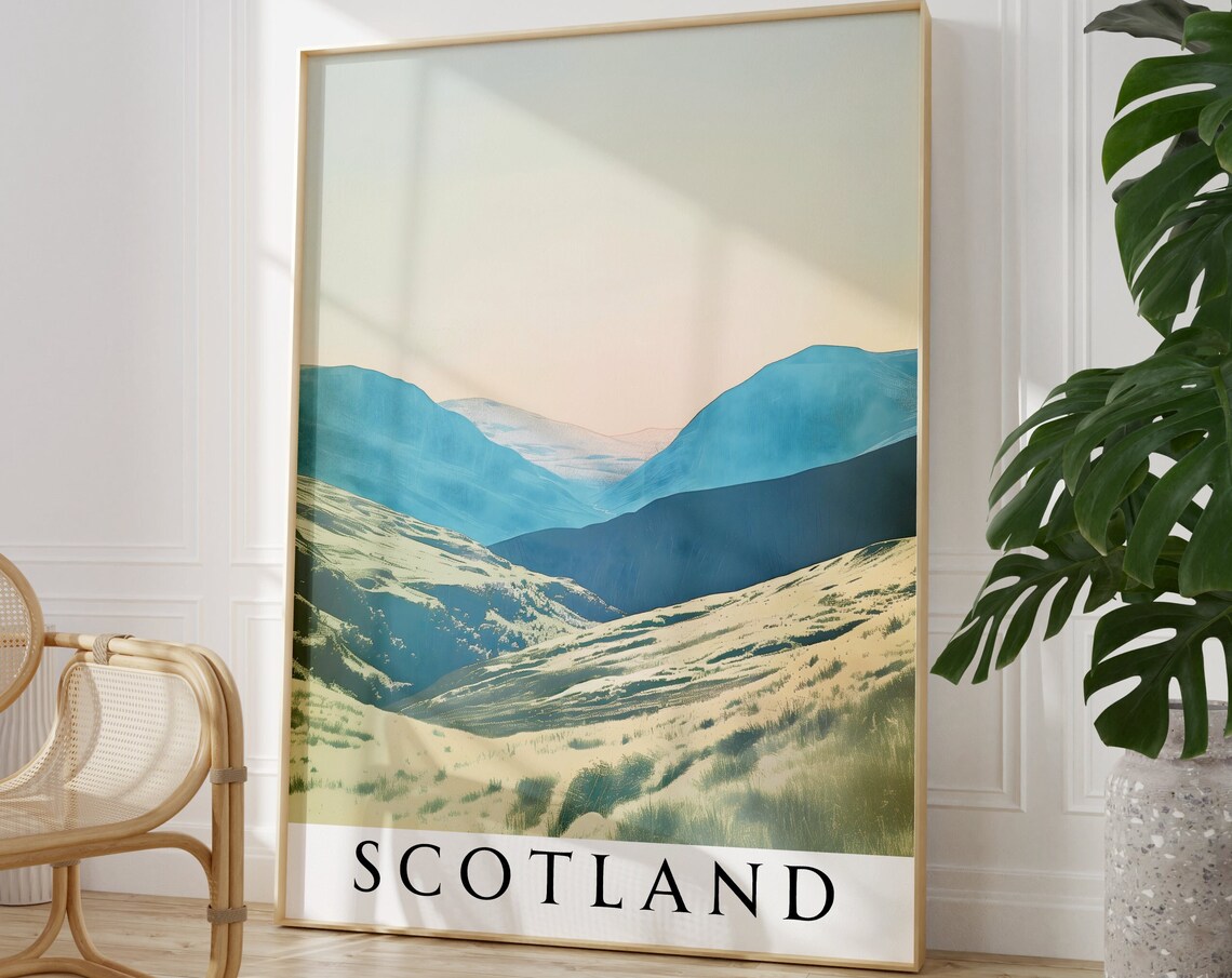 Scotland Blue Highland Mountains Pastel Dawn Landscape Poster - Image 2