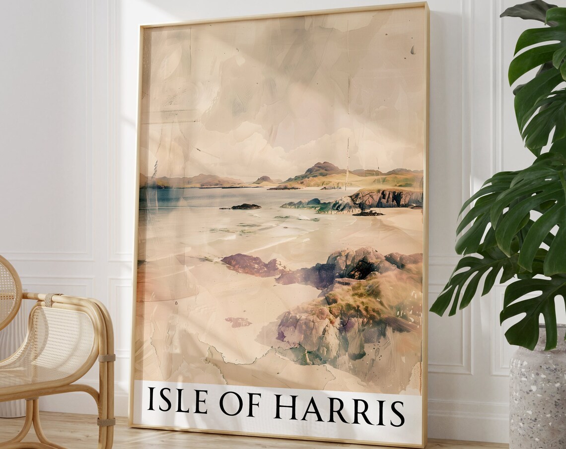 Isle of Harris Soft Watercolor Beach Rocks Coastal Art Poster - Image 2