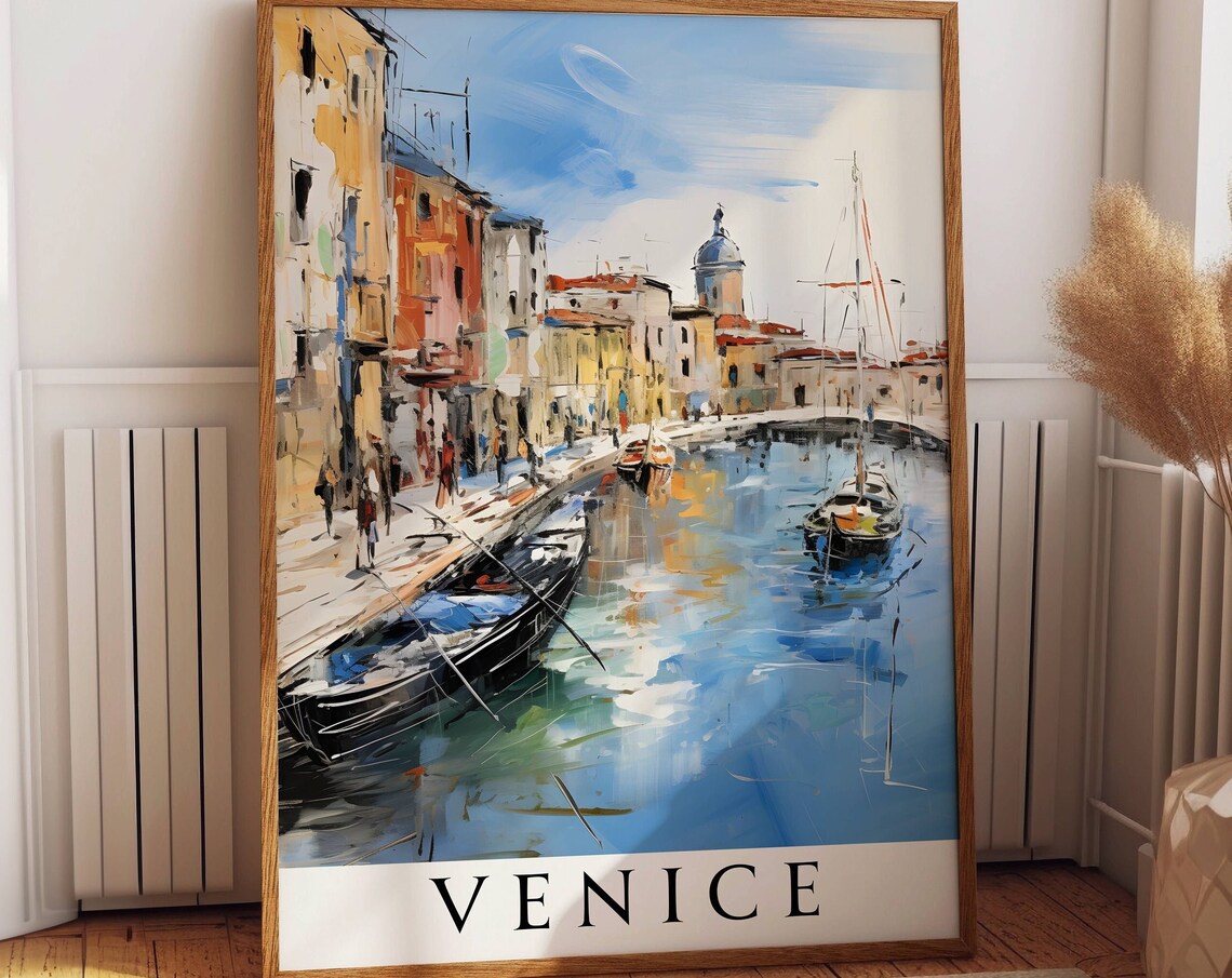 Venice Canal Moored Boats Watercolor Serene Cityscape Travel Poster - Image 3