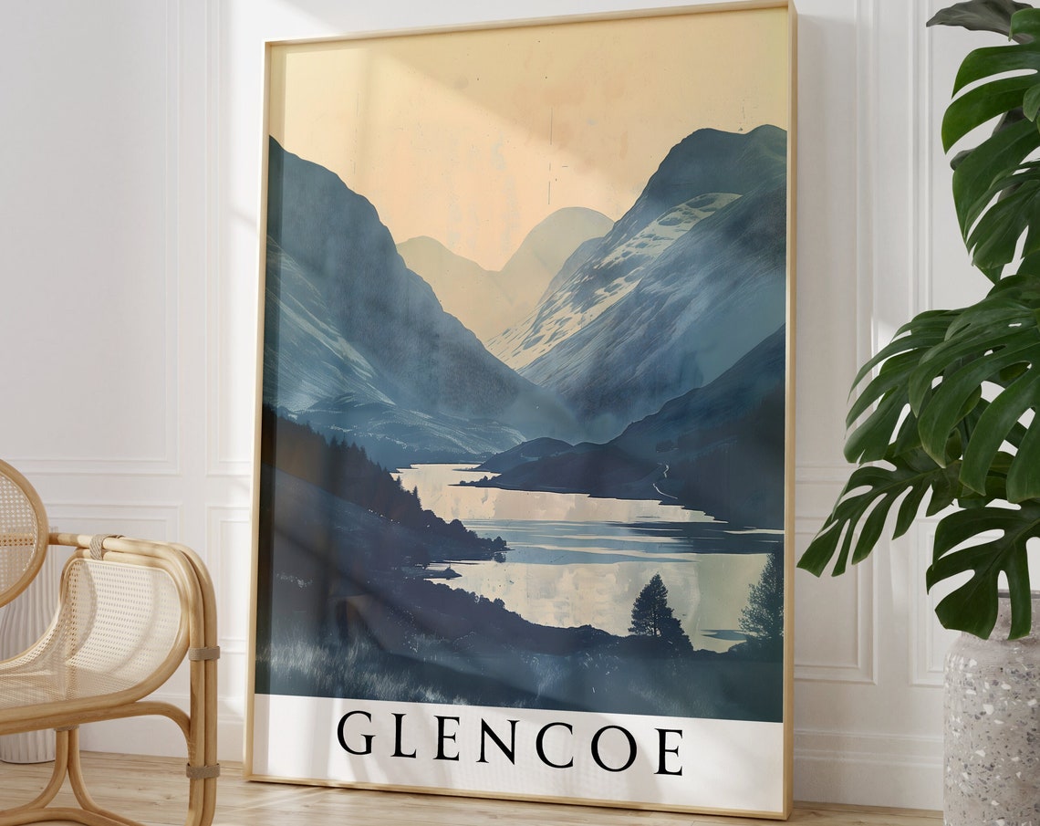 Glencoe Misty Blue Scottish Highlands Valley Landscape Travel Poster - Image 2