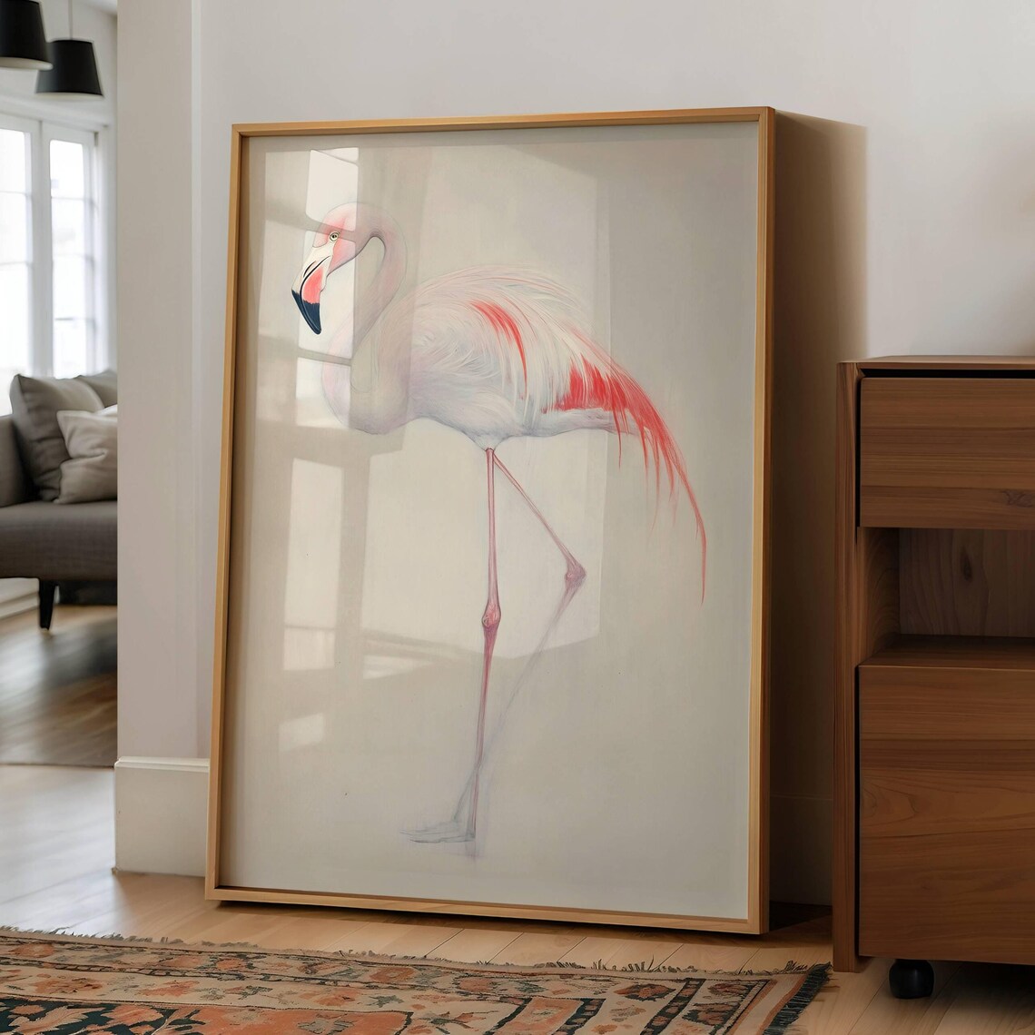 Pale Pink Flamingo Watercolour Bird Painting on Cream Art Print - Image 4