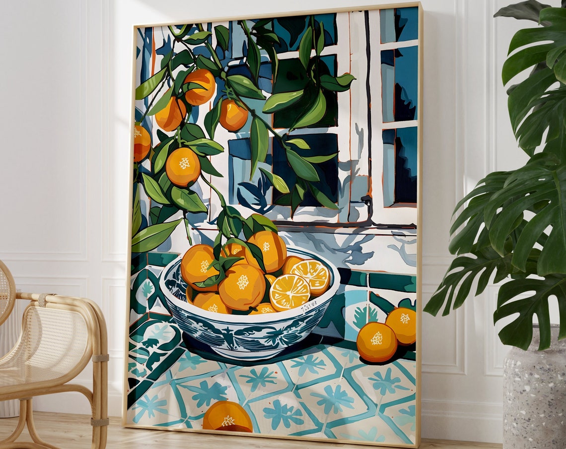 Bowl Of Oranges On Mediterranean Tile Kitchen Still Life Poster - Image 3
