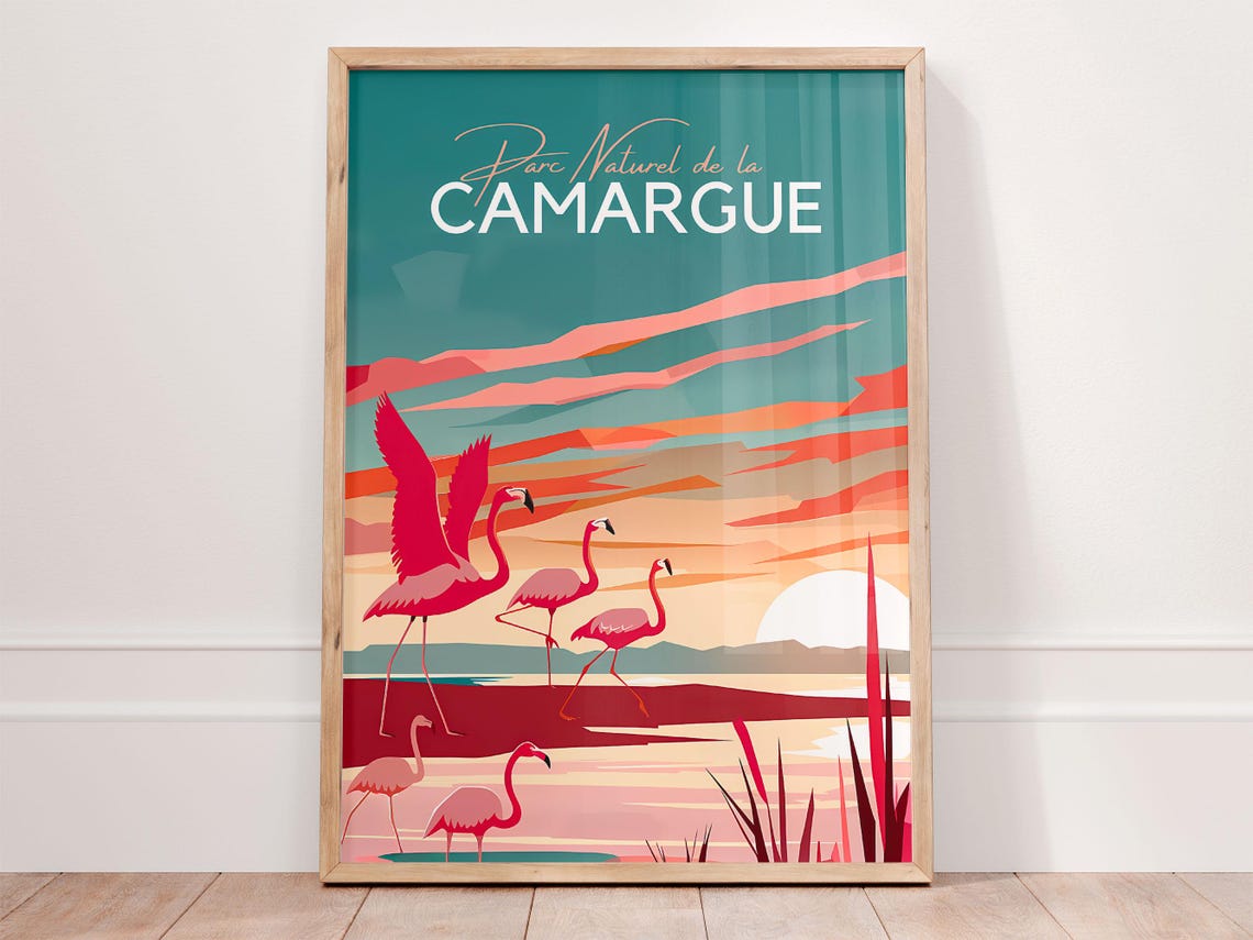 Parc Naturel De La Camargue Flamingos Sunset France Travel Poster