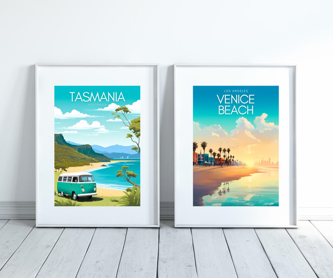 Tasmania Australia Vintage Camper Van Coastal Beach Travel Poster - Image 3