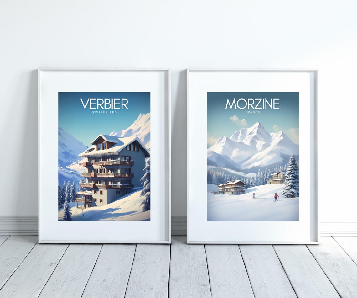 Verbier Switzerland Ski Chalet in Snowy Alpine Peaks Travel Poster - Image 2