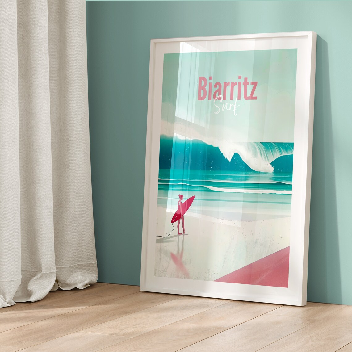 Biarritz France Surfer Girl With Red Board Big Ocean Wave Poster - Image 5
