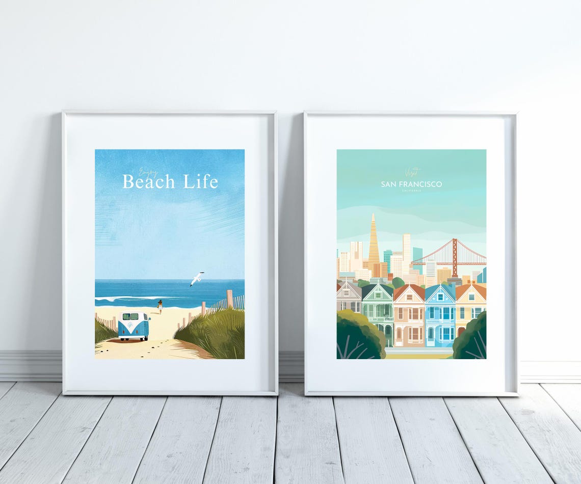 San Francisco Pastel Skyline Golden Gate Painted Ladies Poster - Image 3