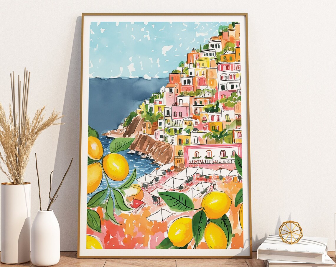 Amalfi Coast Italy Watercolor Lemons Travel Poster