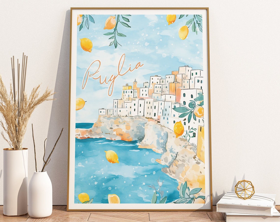 Puglia Italy White Cliff Town Lemons Watercolor Coastal Poster
