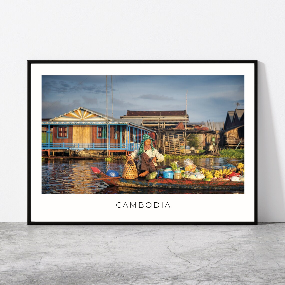 Cambodia Travel Poster, Mekong River Market, Southeast Asia
