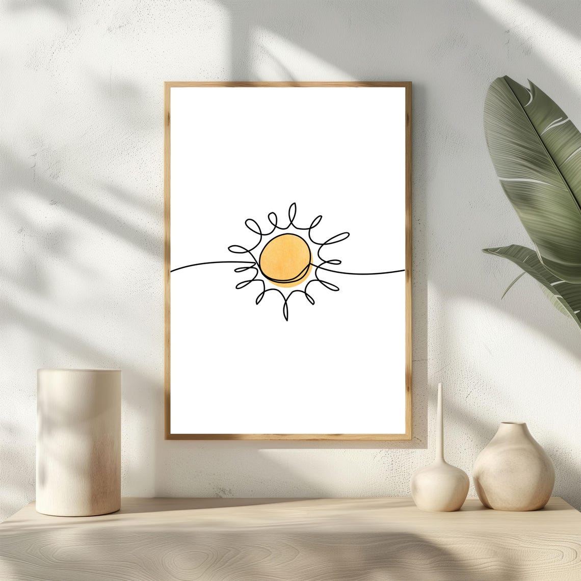 Minimalist One Line Art Sun Yellow Watercolor Modern Boho Wall Poster - Image 2