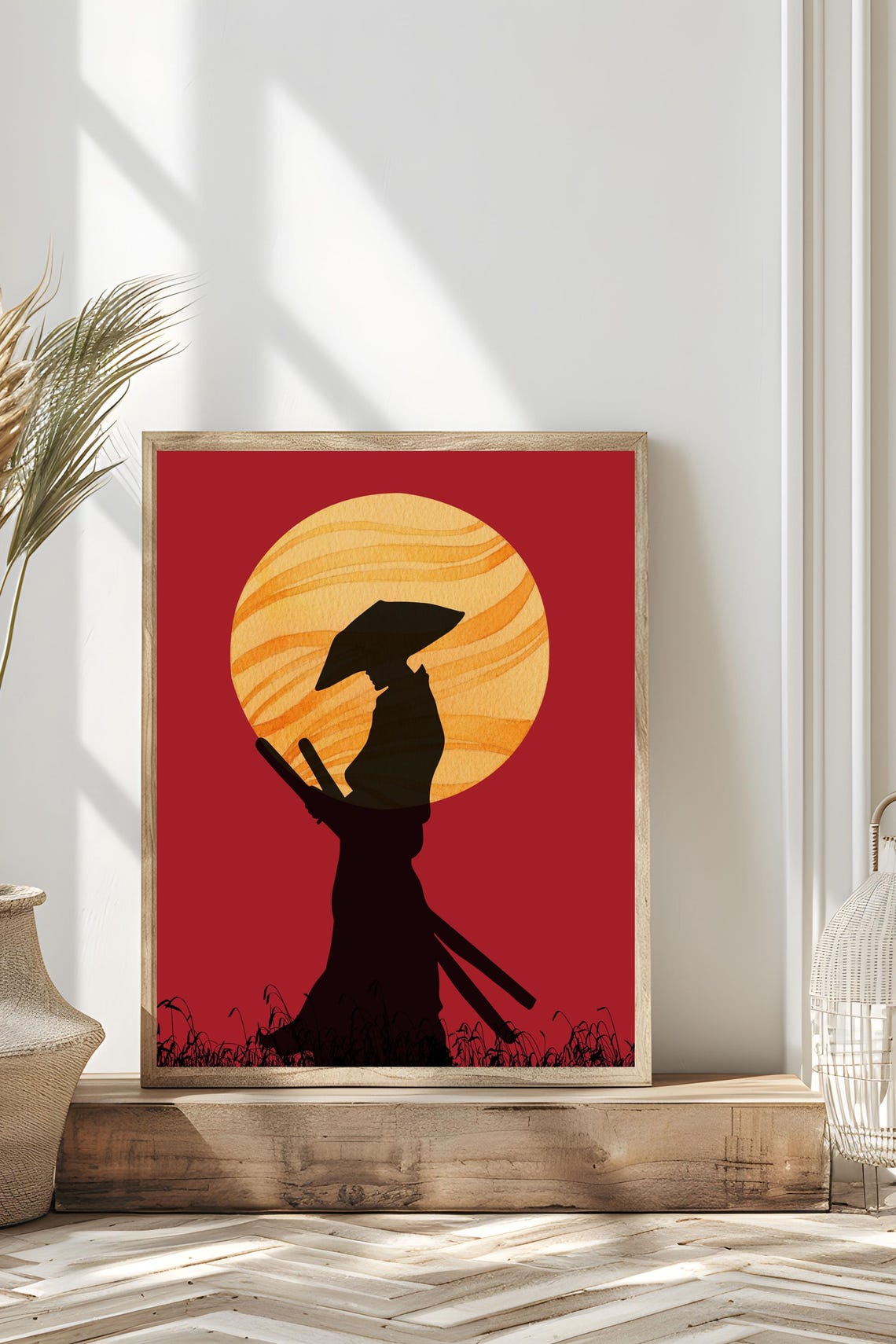 Samurai Silhouette Sunset Japanese Warrior Ink Style Red Art Poster