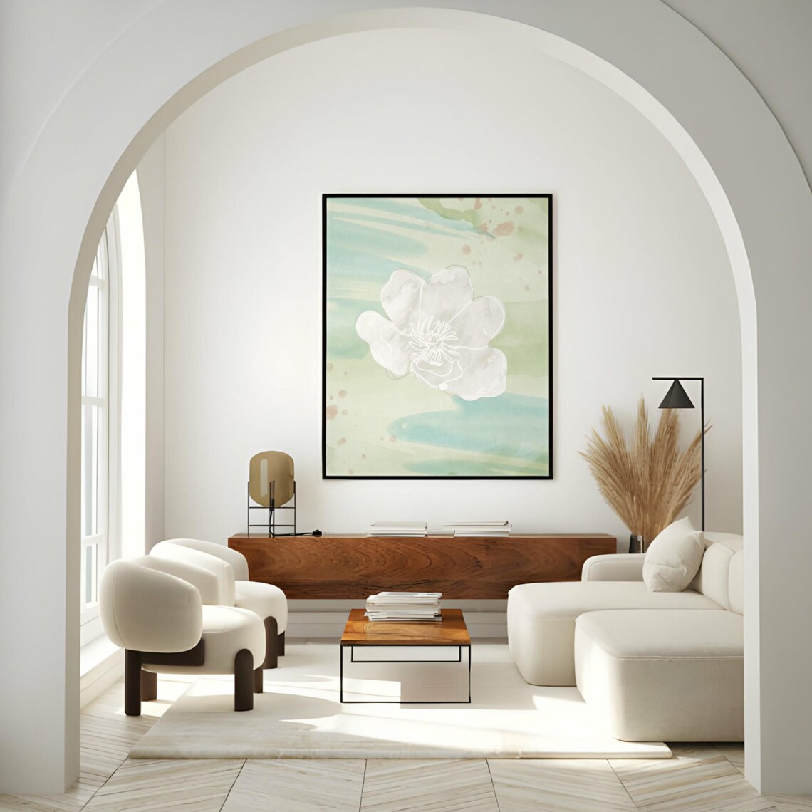 White Watercolor Flower Mint Green Wash Abstract Floral Art Poster - Image 2