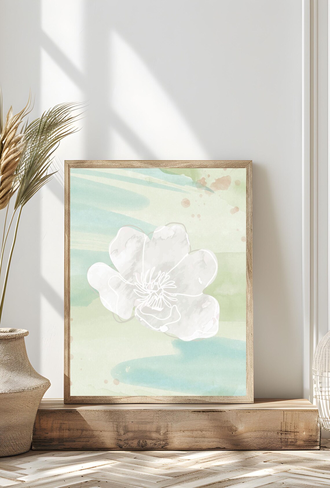 White Watercolor Flower Mint Green Wash Abstract Floral Art Poster