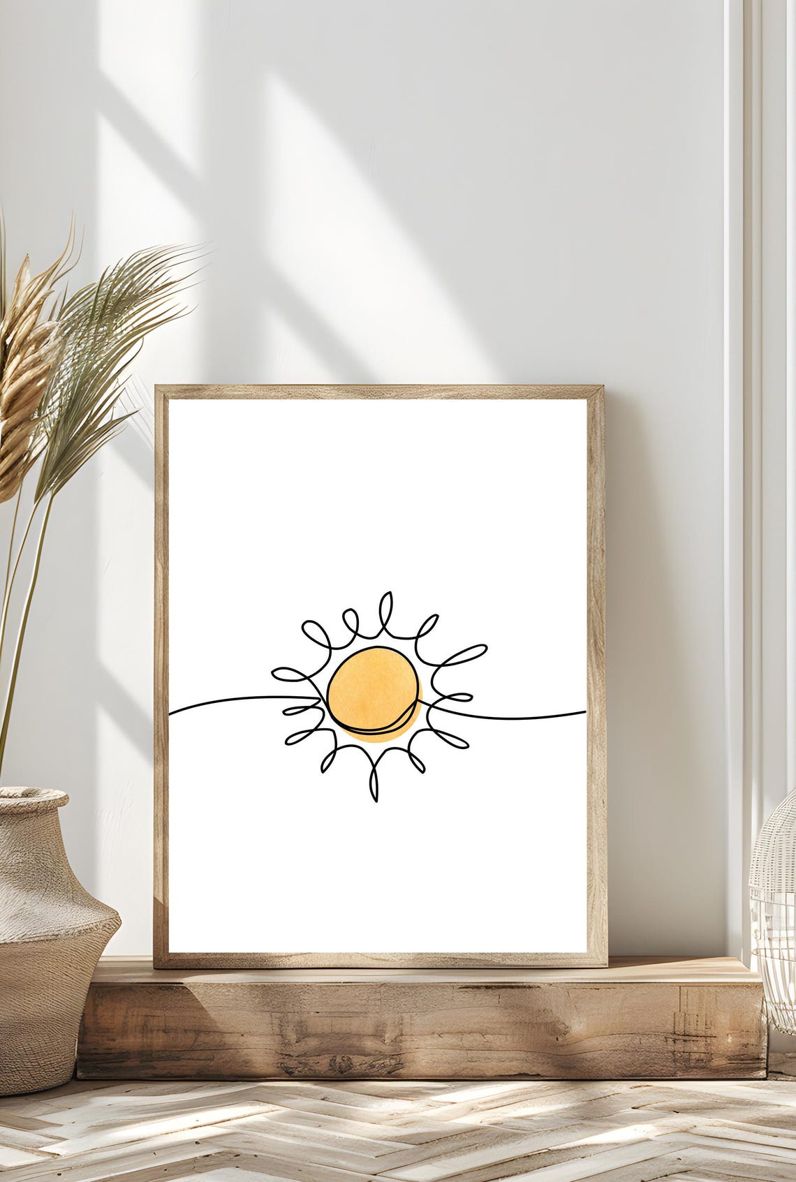 Minimalist One Line Art Sun Yellow Watercolor Modern Boho Wall Poster