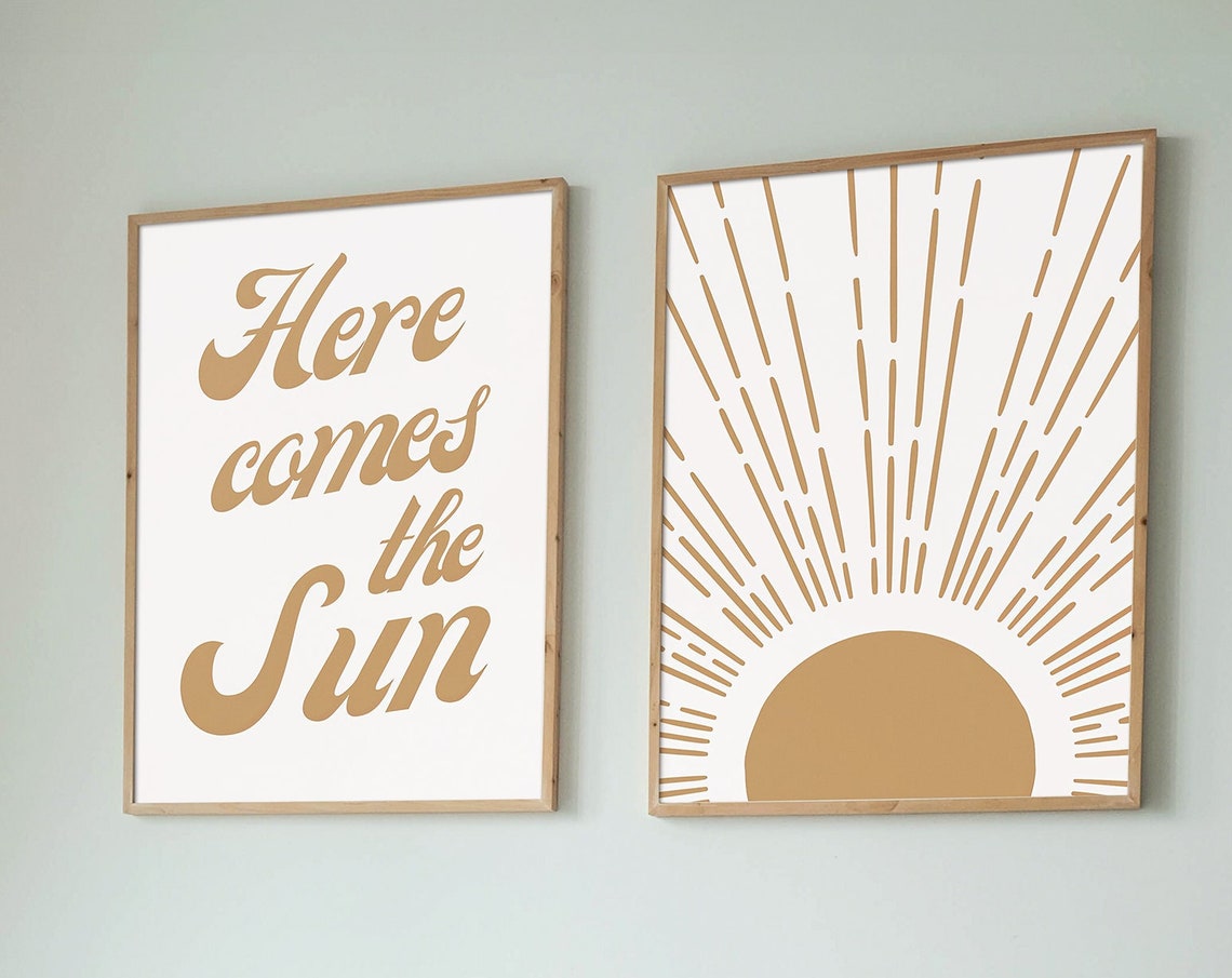 Here Comes The Sun Retro Pair Mustard Sunrise Typography Poster