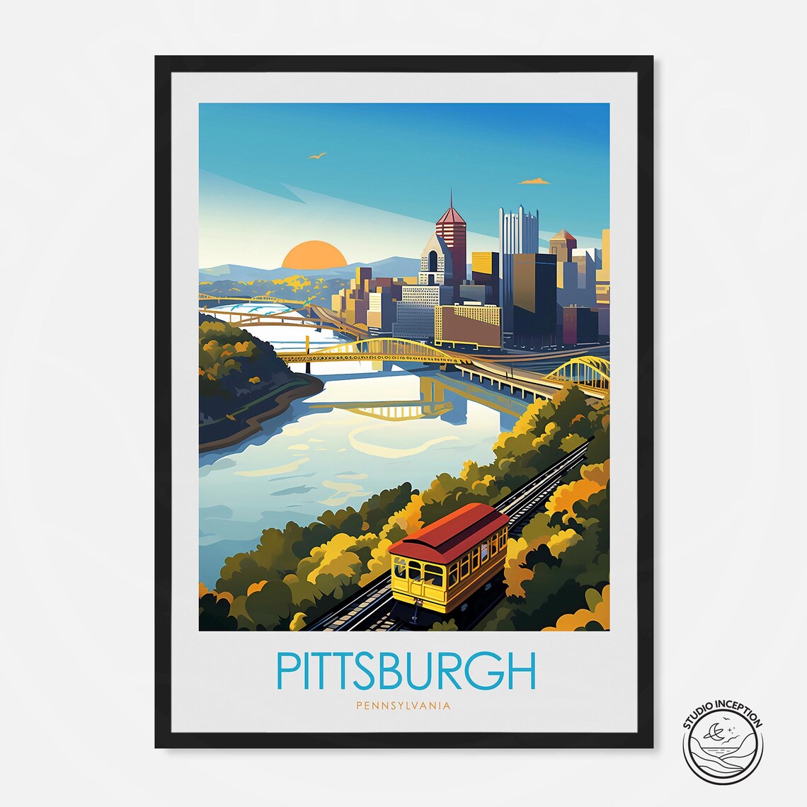 Pittsburgh Pennsylvania Steel City Skyline River Bridges Travel Poster