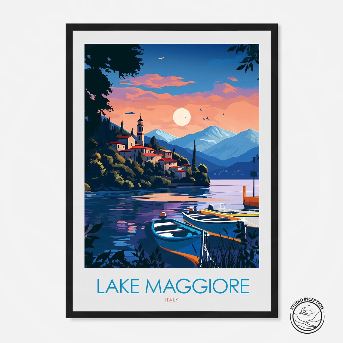 Lake Maggiore Italy Sunset Lakeside Village Fishing Boats Poster