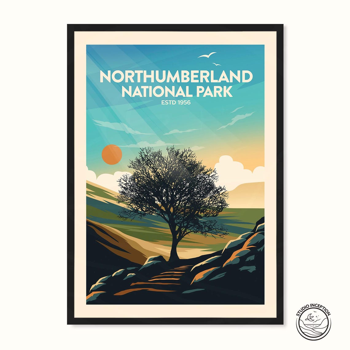 Northumberland National Park England Tree Sunset Vintage Poster