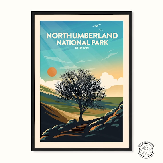 Northumberland National Park England Tree Sunset Vintage Poster