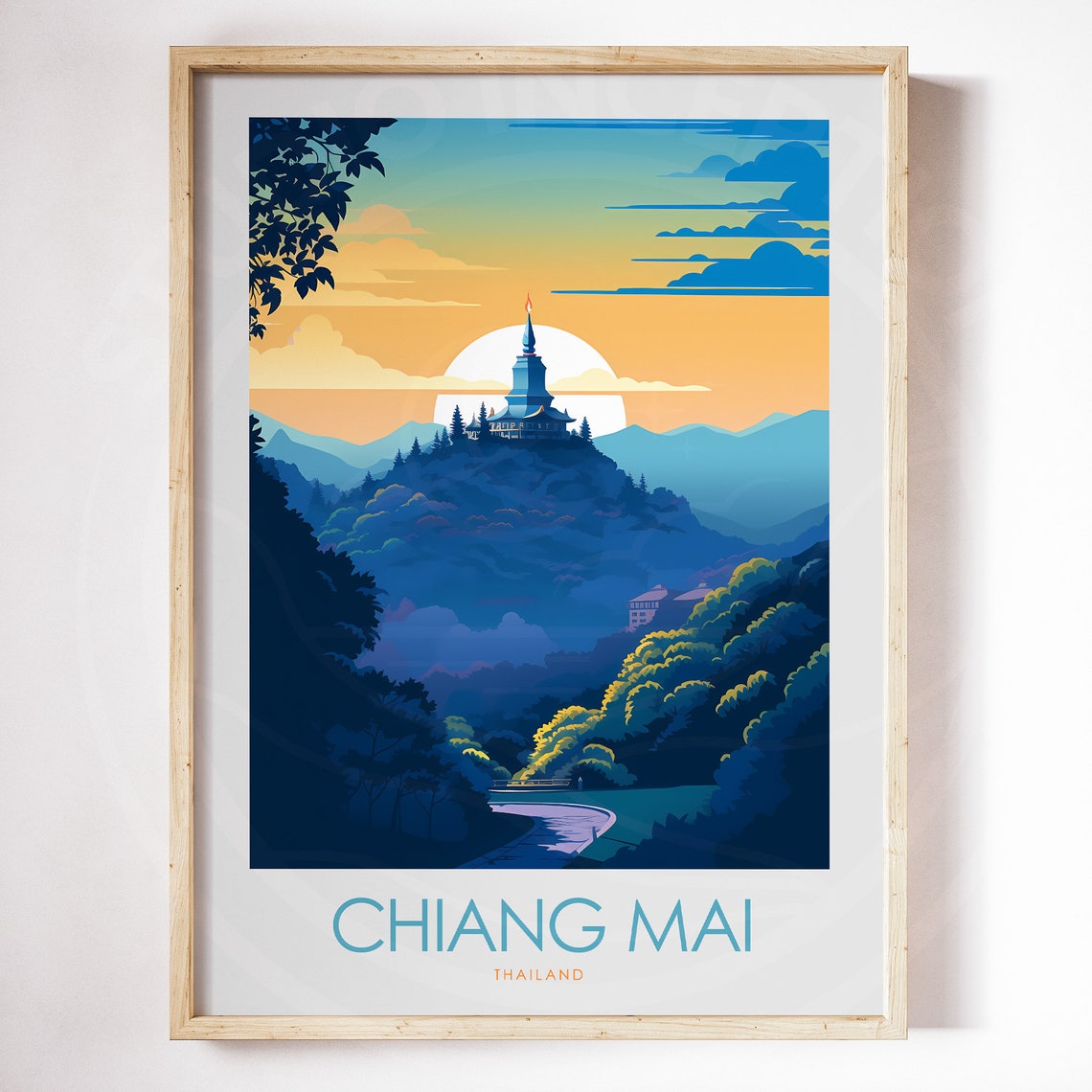 Chiang Mai Thailand Hilltop Temple Golden Hour Sunset Poster Art - Image 3