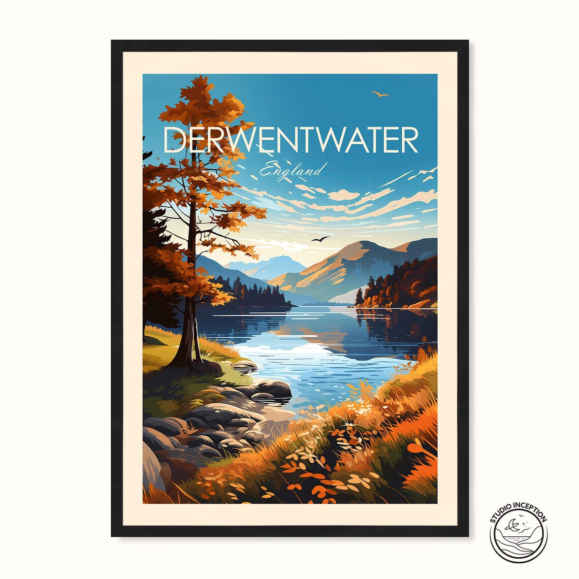 Derwentwater England Autumn Lakeshore Trees and Hills Travel Poster