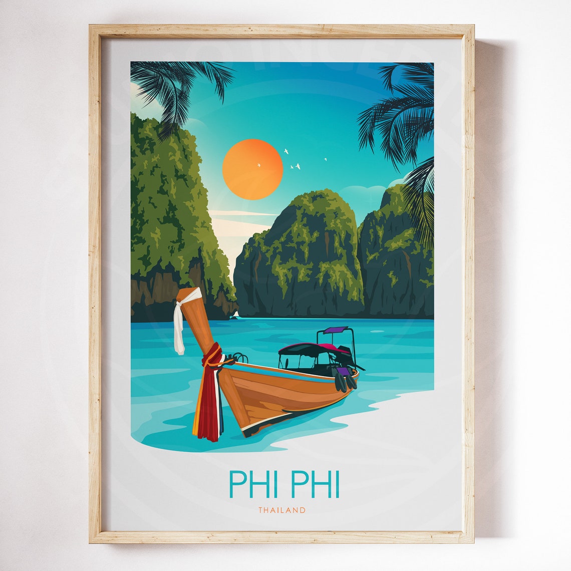Phi Phi Thailand Longtail Boat Karst Cliffs Vintage Travel Poster - Image 3