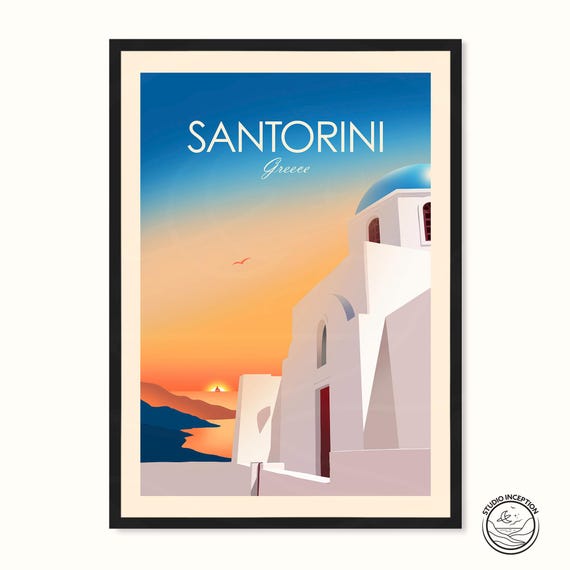 Santorini Sunset Travel Poster, Greece Art Print