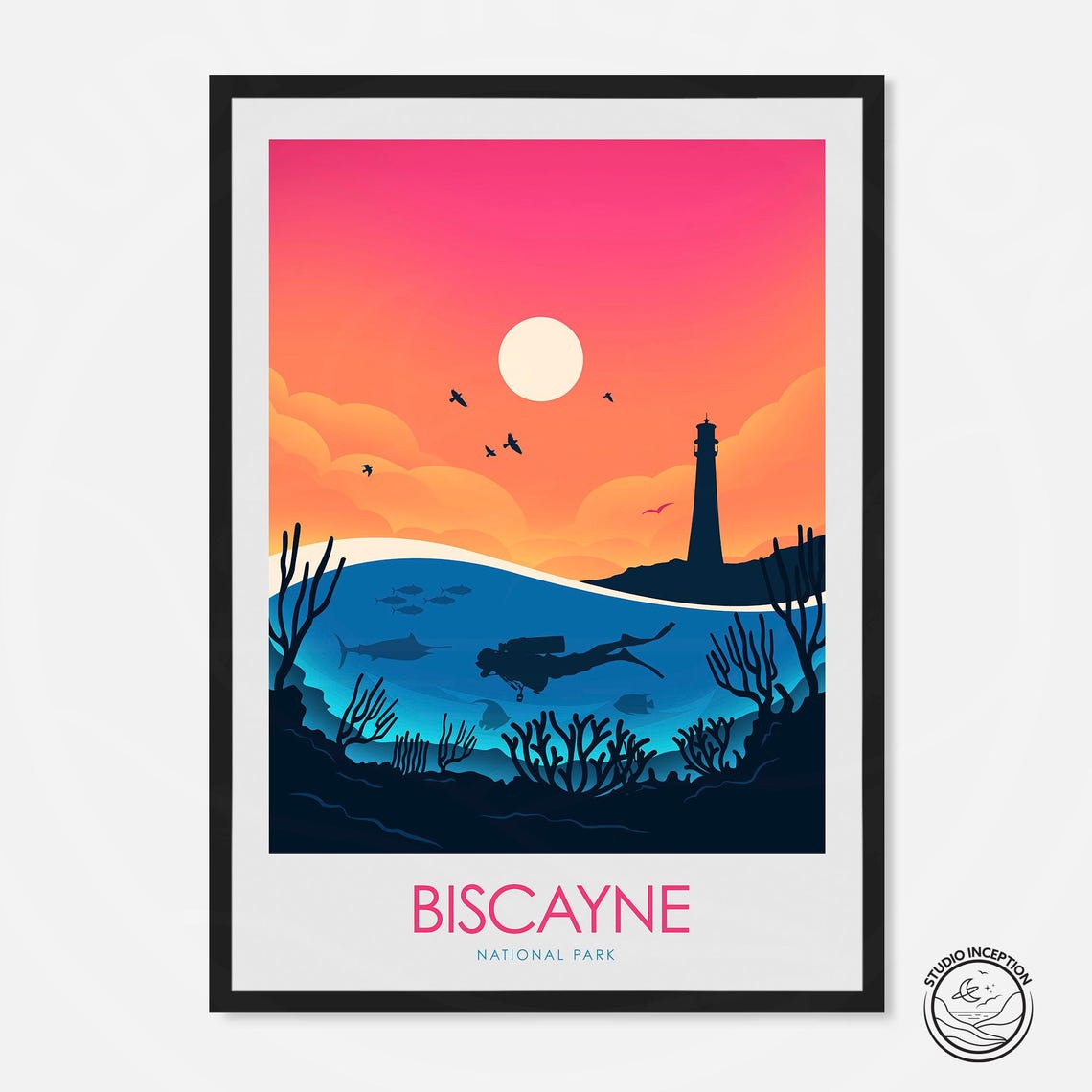 Biscayne National Park Florida Diver Reef Sunset Vintage Travel Poster