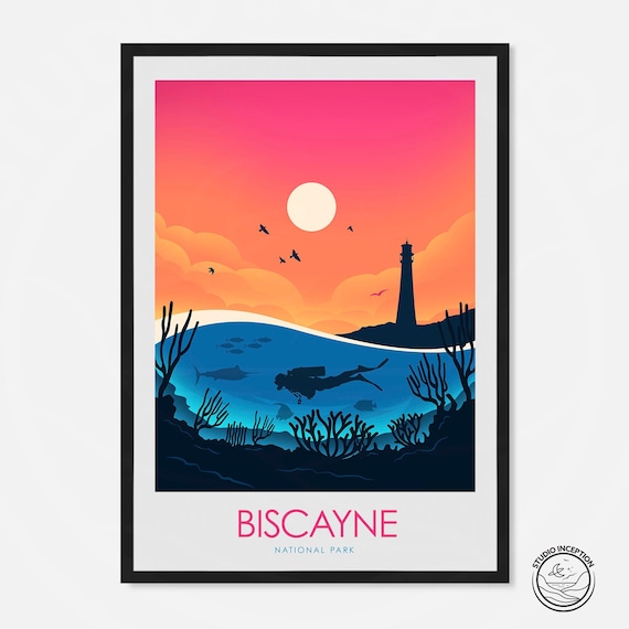 Biscayne National Park Florida Diver Reef Sunset Vintage Travel Poster