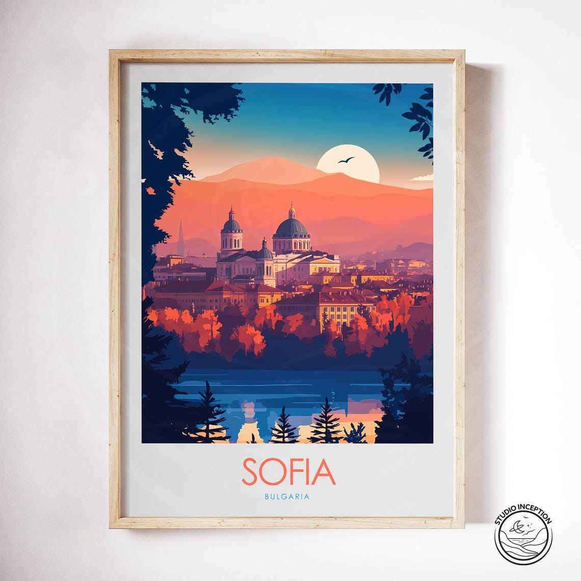 Sofia Bulgaria Sunset Moonlit Cathedral Vintage Travel Poster - Image 2