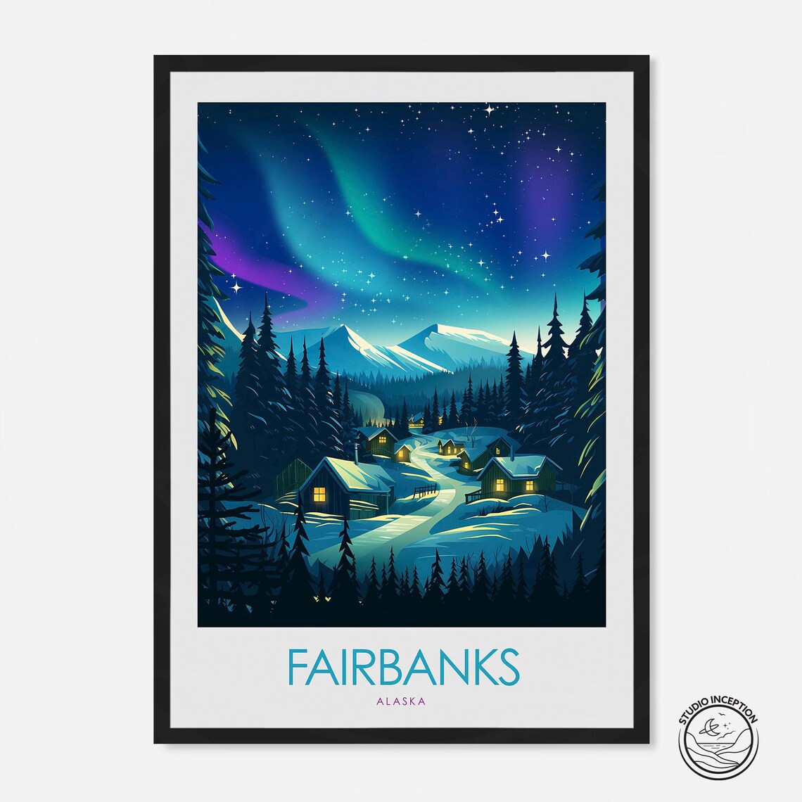 Fairbanks Alaska Travel Poster, Northern Lights Art Print