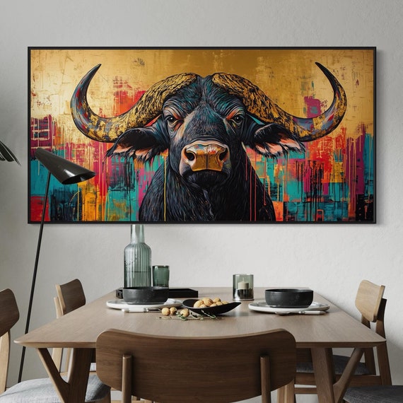 Bold African Buffalo Vibrant Wildlife Print With Gold Accents Turquoise Background And Modern Safari Decor For Living Room Or Man Cave