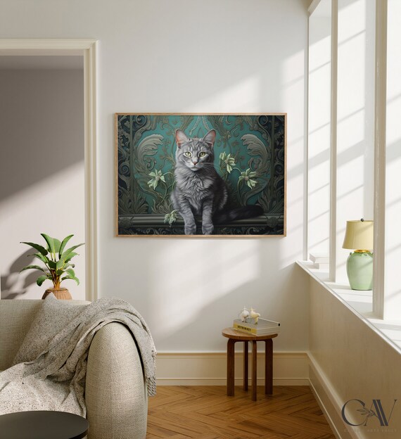 Gray Cat Resting Before a Teal Botanical Morris Inspired Wall Art