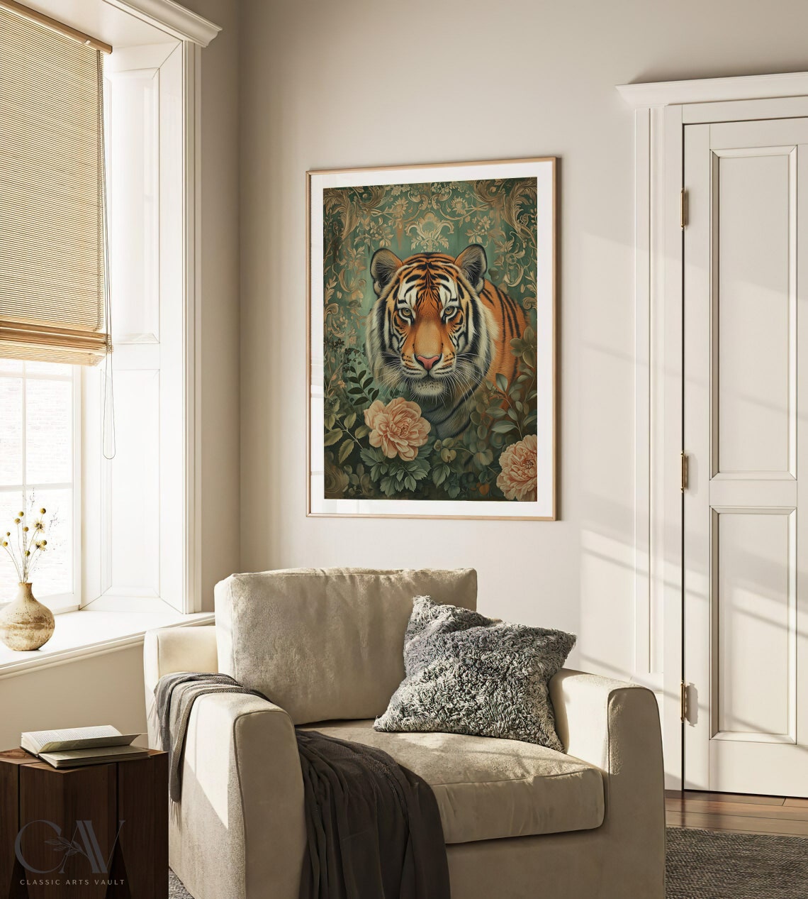 Tiger Face Among Peach Blossoms on Green Damask Jungle Poster - Image 3