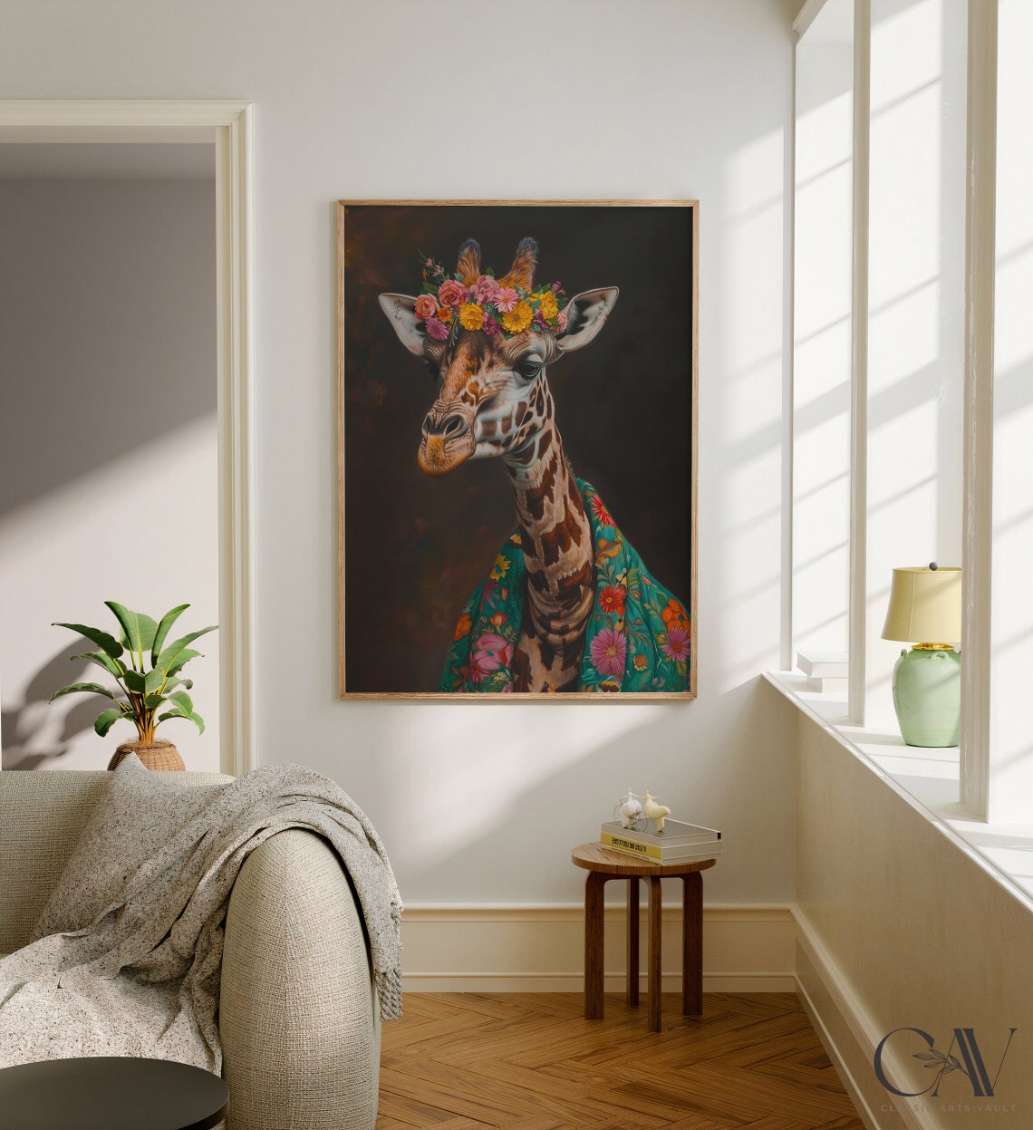 Giraffe with Flower Crown and Floral Shawl Dark Portrait Poster - Image 2