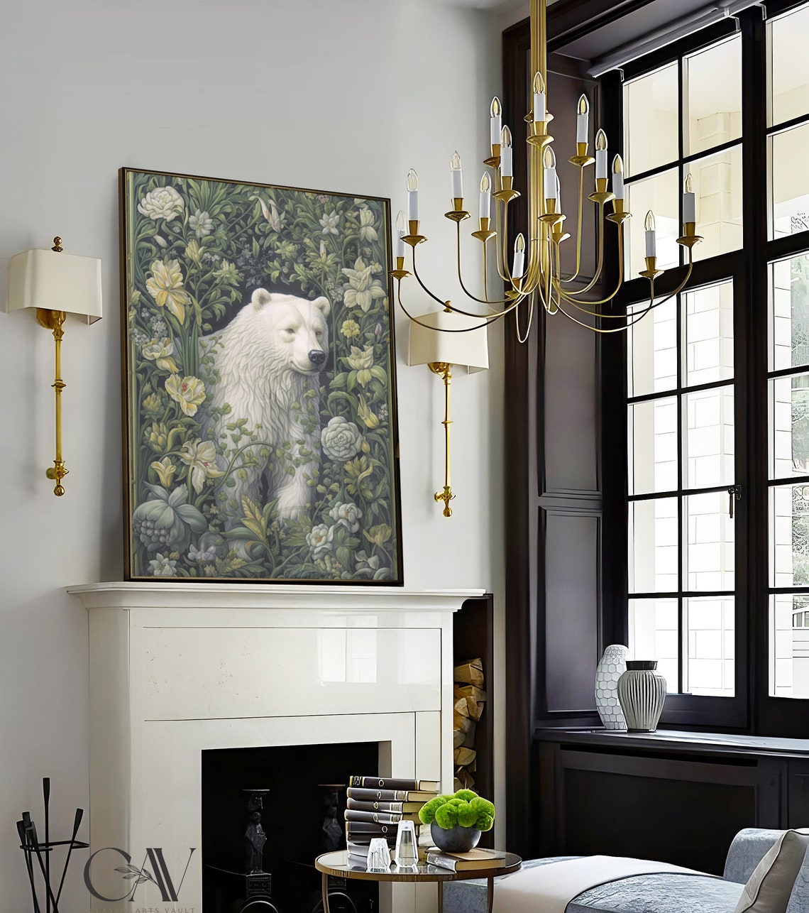 White Polar Bear William Morris Floral Garden Woodland Wall Art - Image 2