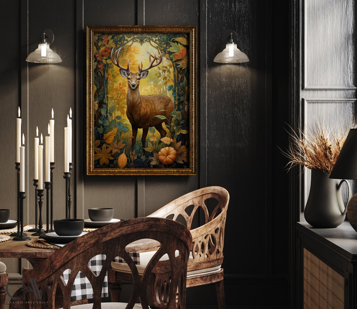 Majestic Deer Stag in Golden Autumn Forest Pumpkins Scene Poster - Image 2