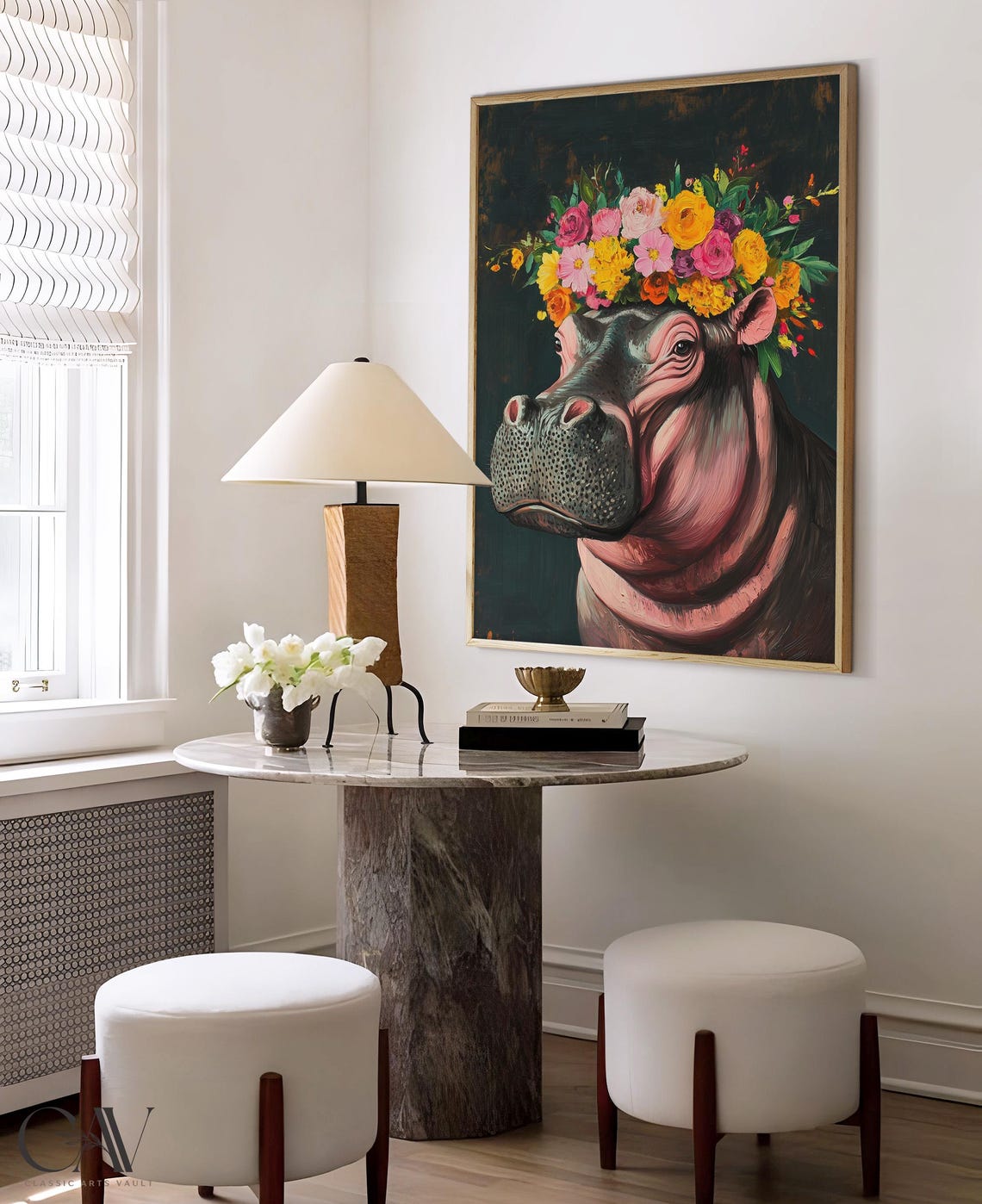 Hippopotamus Wearing Flower Crown Dark Humorous Portrait Poster - Image 4