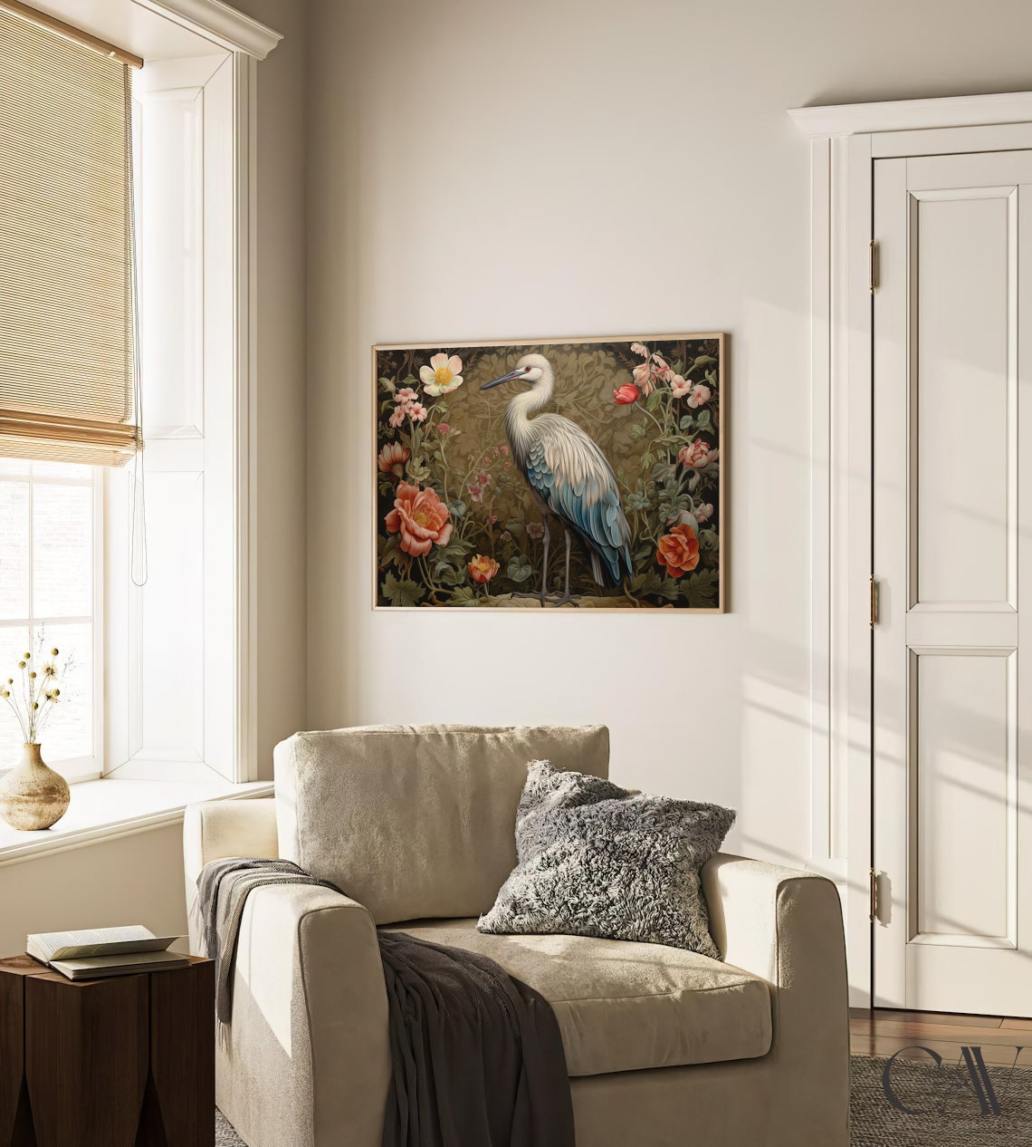 White Heron Among Coral Blooms Art Nouveau Botanical Bird Poster - Image 3